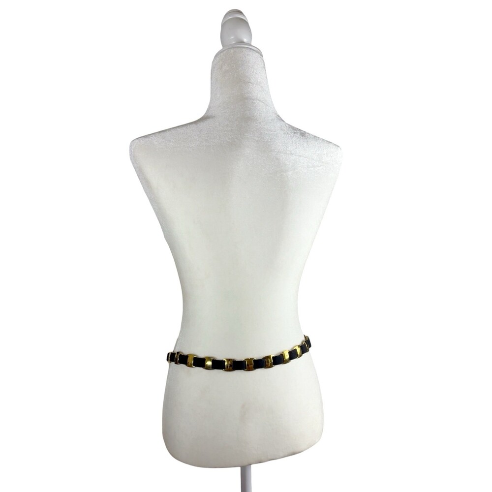 Vintage Salvatore Ferragamo Skinny Chain Link Belt Grosgrain Black Gold Italy - Picture 6 of 11
